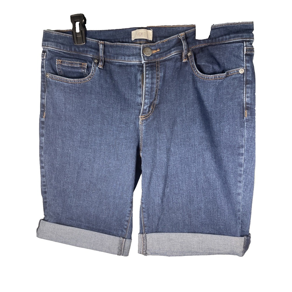 Ann Taylor Loft Jean Shorts Womens Cuffed Casual Modern Stretch Size 12, Dk blue